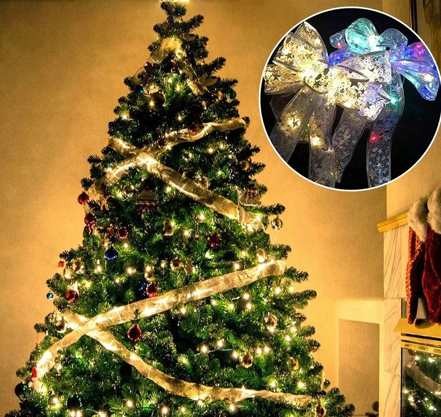 Christmas Ribbon Lights, 1M, 2M & 5M Light Sliver Warm Christmas Fairy String Light Up Ribbon Bows for Indoor Holiday Party Decoration Suppliestop