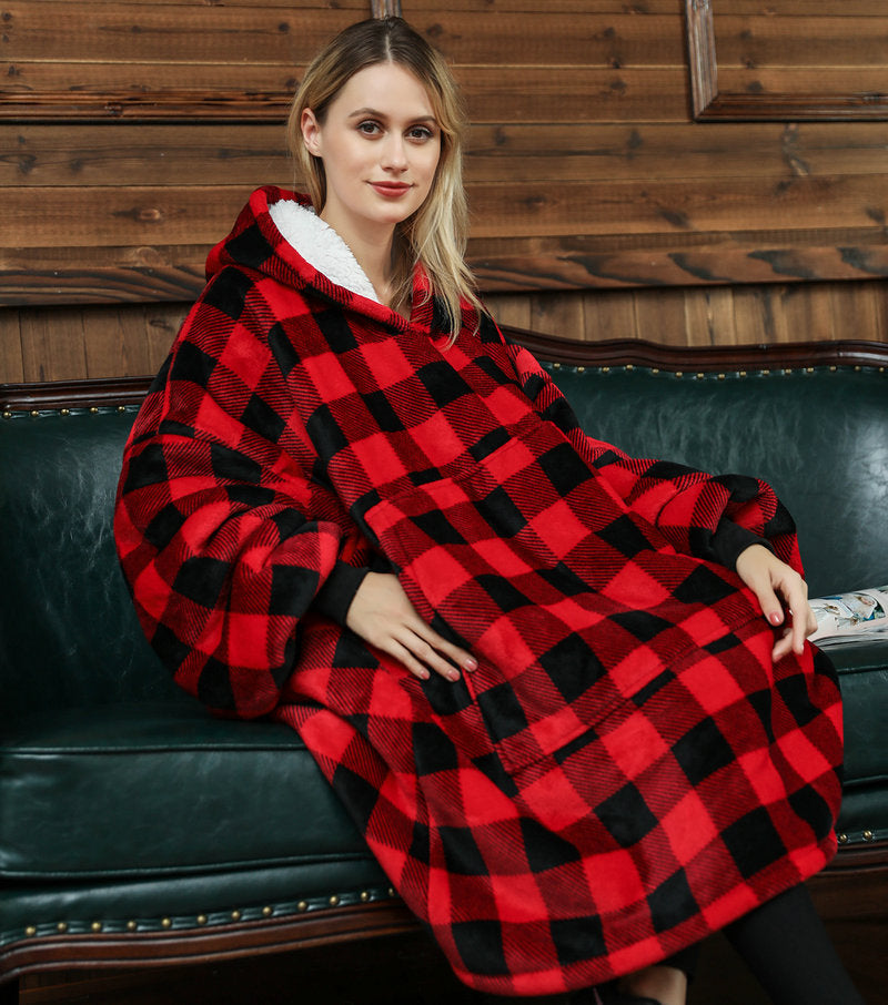 Oversized Blanket Hoodie Sweatshirt Print Fleece, Wearable Sherpa with Sleeves and Giant Pocket, Cosy Hoodie Warm for Adult check