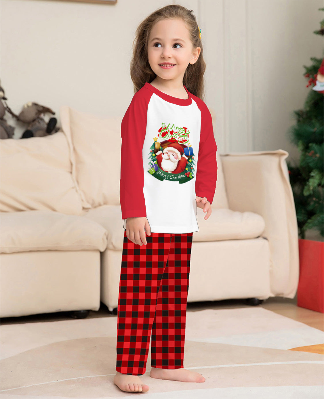 Christmas Parent-Child Clothes Set Long Sleeve T-Shirt Plaid Pants Family Matching Pyjamas girl