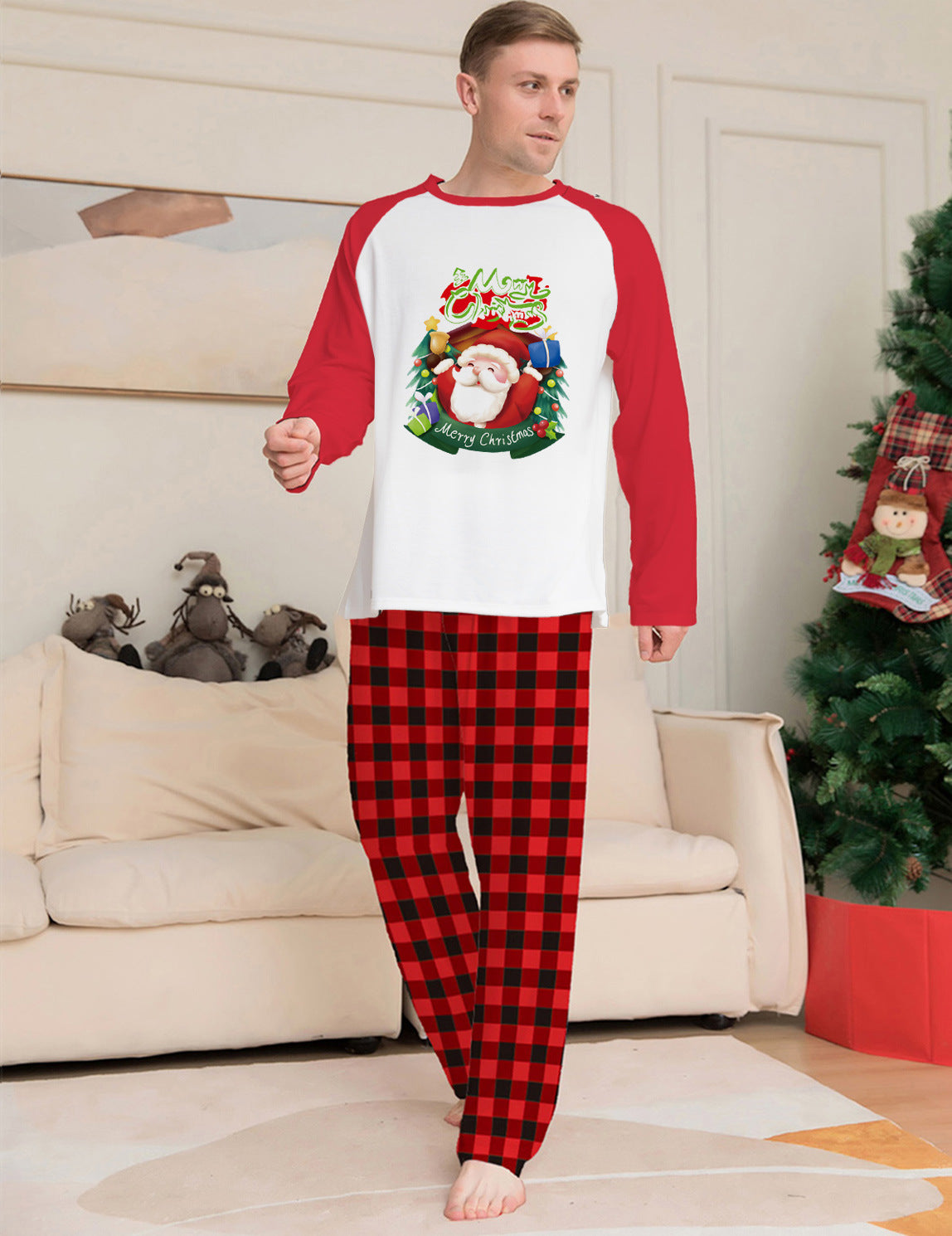 Christmas Parent-Child Clothes Set Long Sleeve T-Shirt Plaid Pants Family Matching Pyjamas3