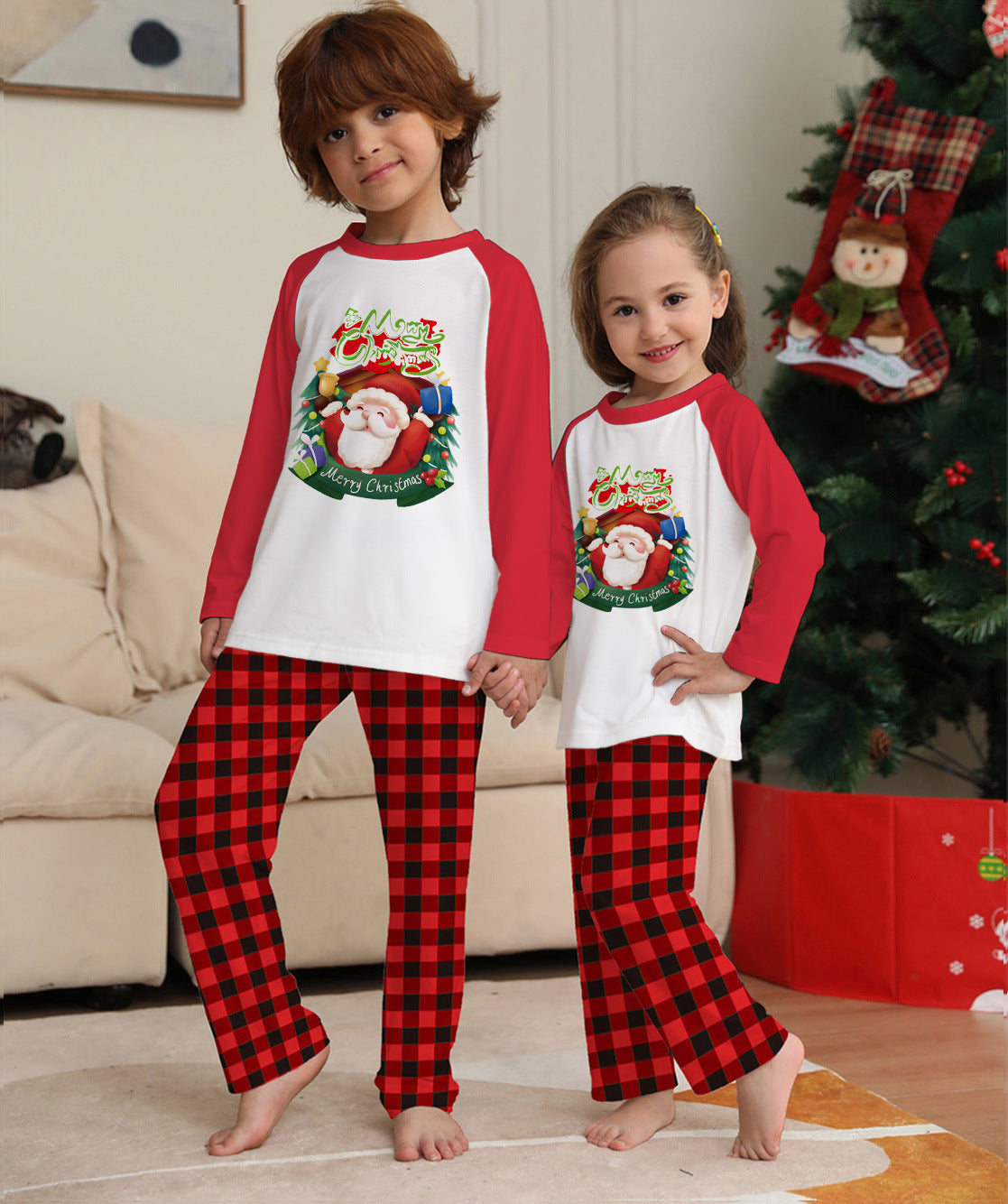 Christmas Parent-Child Clothes Set Long Sleeve T-Shirt Plaid Pants Family Matching Pyjamas1