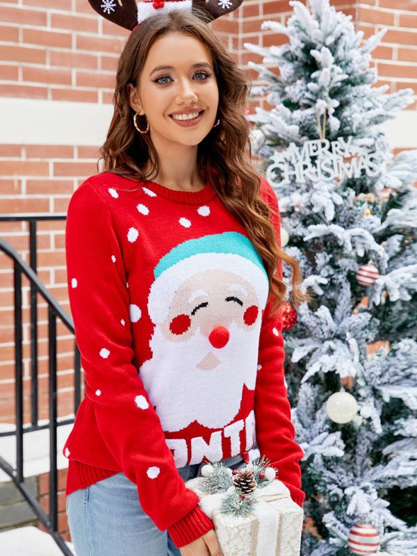 Women's Tops Santa Pullover Sweater Autumn And Winter Letter Embroidery Christmas Red Sweaters Long Sleeve Crew Neck Clothes side
