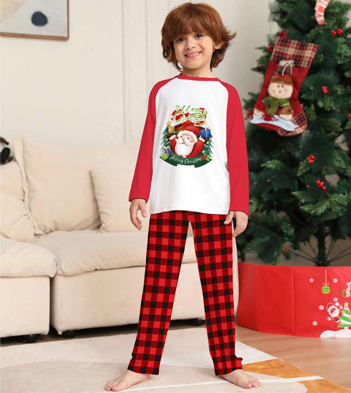 Christmas Parent-Child Clothes Set Long Sleeve T-Shirt Plaid Pants Family Matching Pyjamas boy