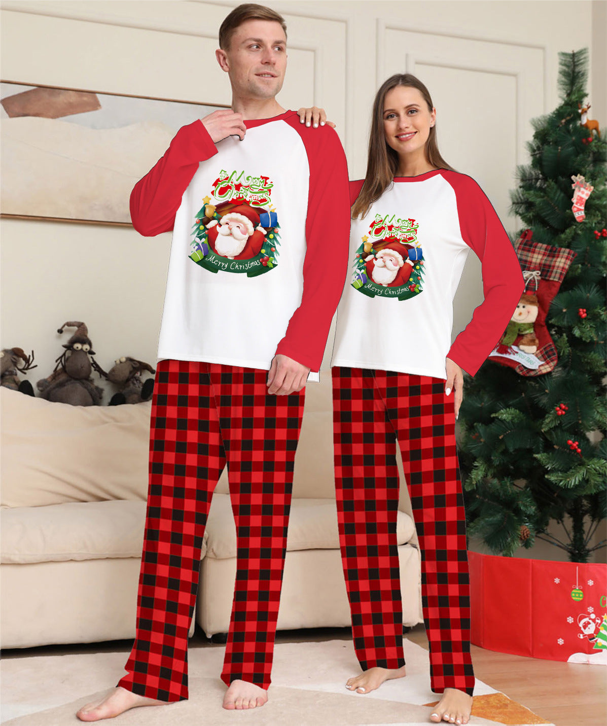 Christmas Parent-Child Clothes Set Long Sleeve T-Shirt Plaid Pants Family Matching Pyjamas2