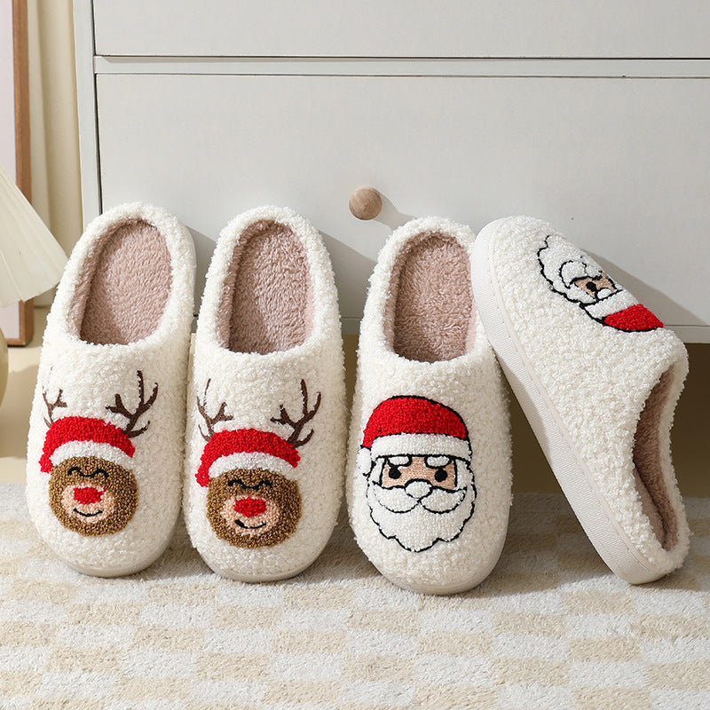 Christmas Home Slippers Cute Cartoon Santa Claus Cotton Slippers For Women And Men Couples Winter Warm Furry Shoes2