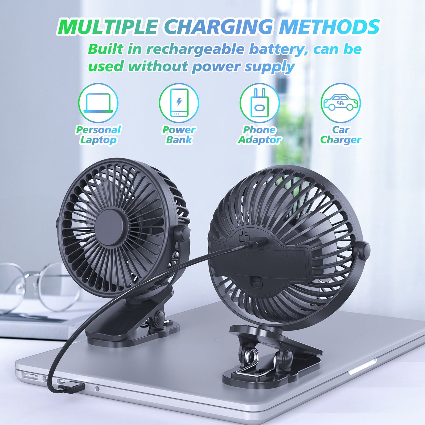Portable Clip On Fan Battery Operated, Small Powerful USB Desk Fan, 3 Speed Quiet Rechargeable Mini Table Fan, 360 Rotate