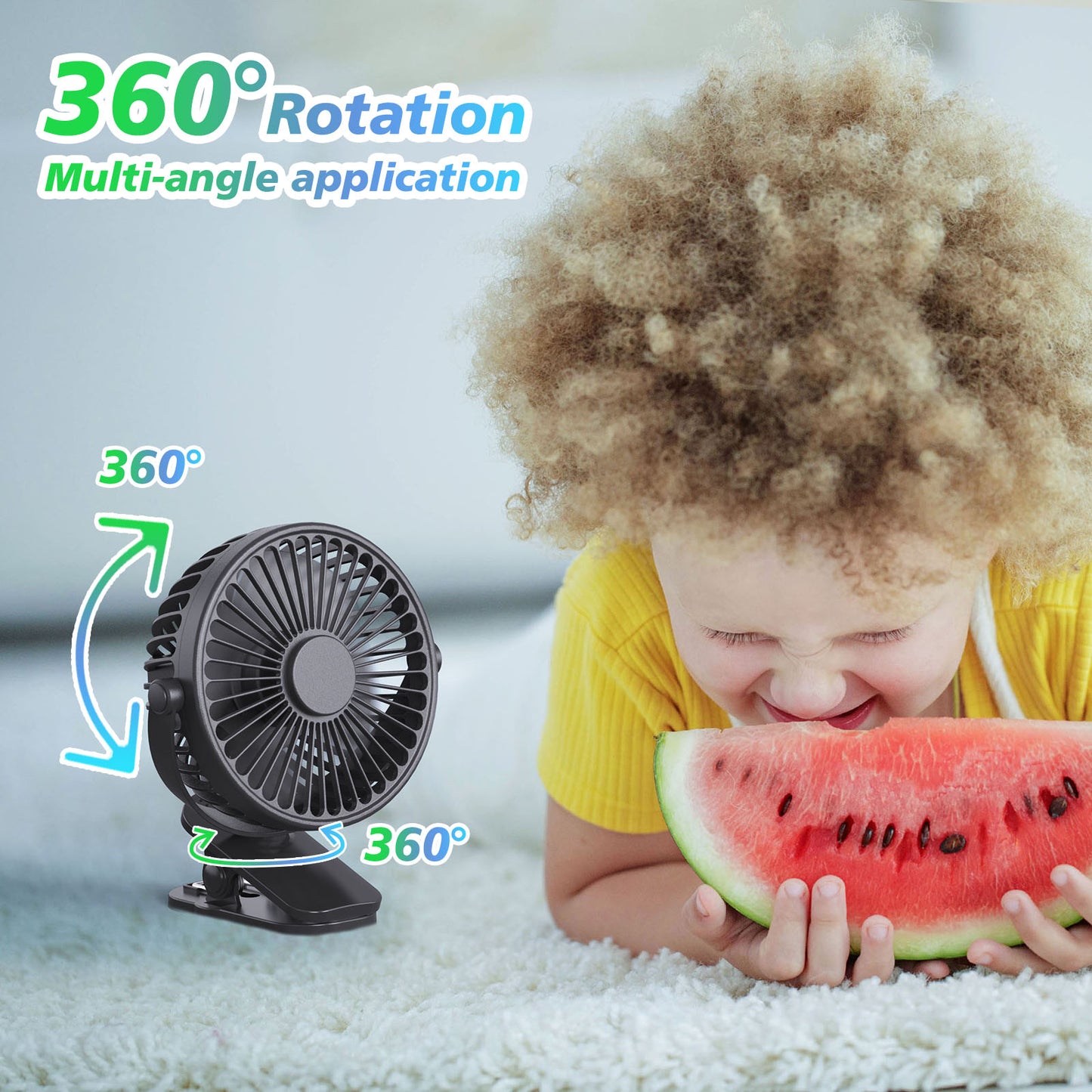 Portable Clip On Fan Battery Operated, Small Powerful USB Desk Fan, 3 Speed Quiet Rechargeable Mini Table Fan, 360 Rotate