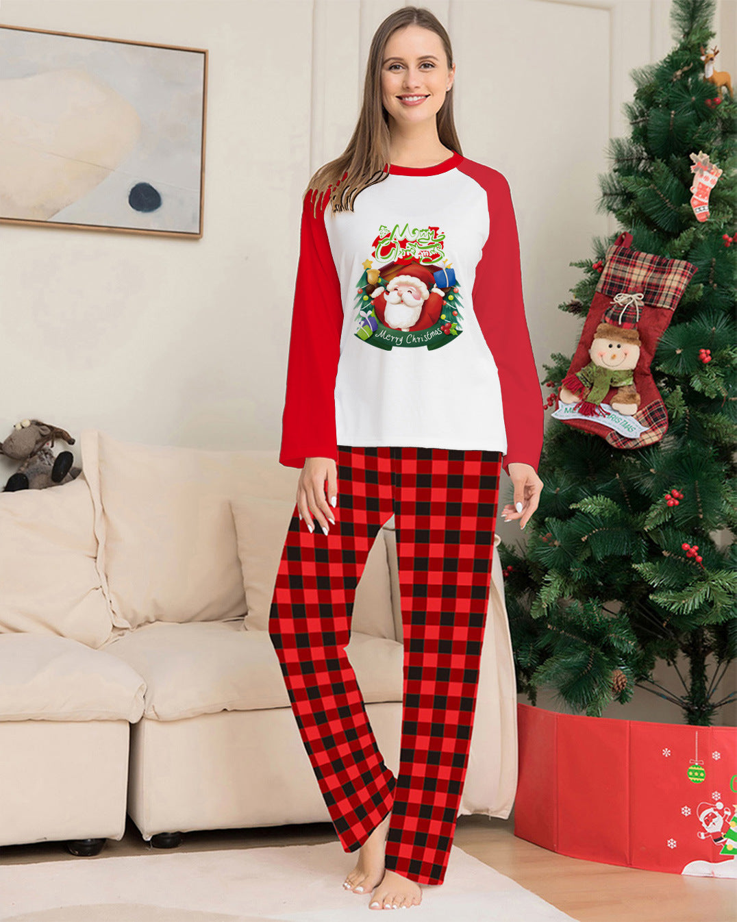 Christmas Parent-Child Clothes Set Long Sleeve T-Shirt Plaid Pants Family Matching Pyjamas5