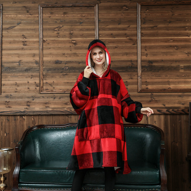 Oversized Blanket Hoodie Sweatshirt Print Fleece, Wearable Sherpa with Sleeves and Giant Pocket, Cosy Hoodie Warm for Adult red