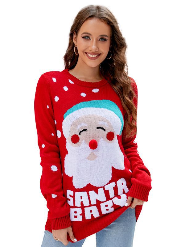 Women's Tops Santa Pullover Sweater Autumn And Winter Letter Embroidery Christmas Red Sweaters Long Sleeve Crew Neck Clothes red