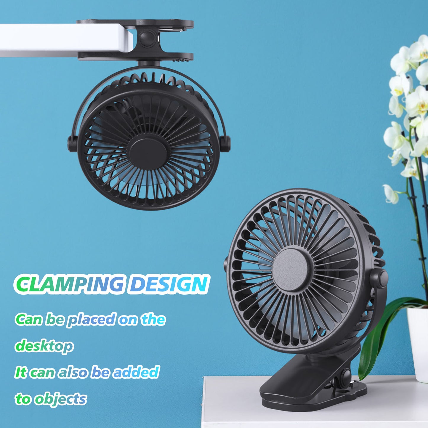 Portable Clip On Fan Battery Operated, Small Powerful USB Desk Fan, 3 Speed Quiet Rechargeable Mini Table Fan, 360 Rotate