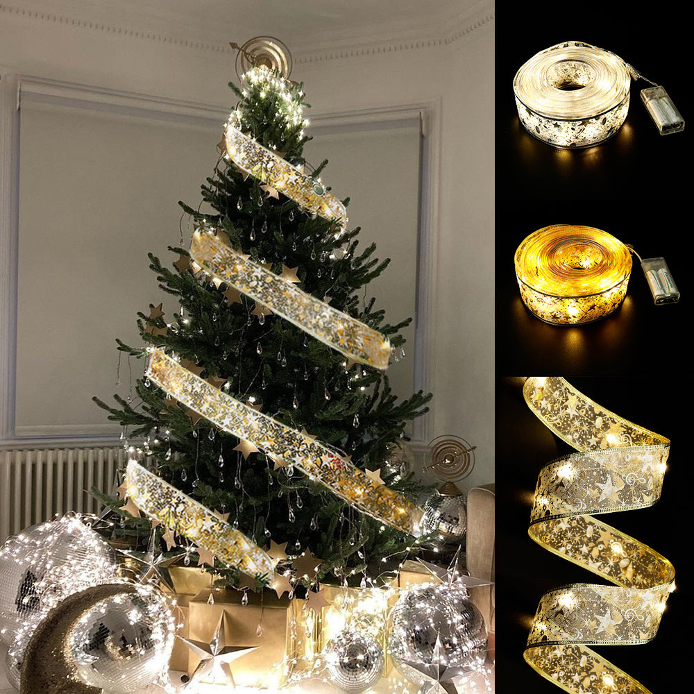 Christmas Ribbon Lights, 1M, 2M & 5M Light Sliver Warm Christmas Fairy String Light Up Ribbon Bows for Indoor Holiday Party Decoration Supplies