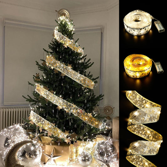 Christmas Ribbon Lights, 1M, 2M & 5M Light Sliver Warm Christmas Fairy String Light Up Ribbon Bows for Indoor Holiday Party Decoration Supplies