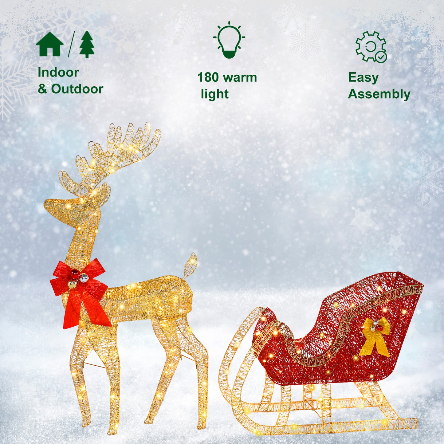 74*20*120cm 30.00V 3.60W Golden Elk Deer Sled Iron Frame Cotton Thread Green Onion Powder Courtyard Elk Decoration