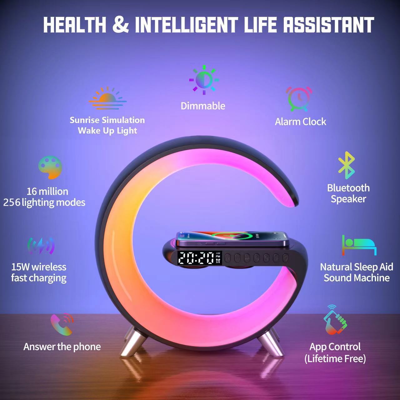 New Smart Multi-functional Mobile Phone Wireless Charging Colorful Atmosphere Light Bluetooth Bedside Night Light Sunrise Wake-up Alarm