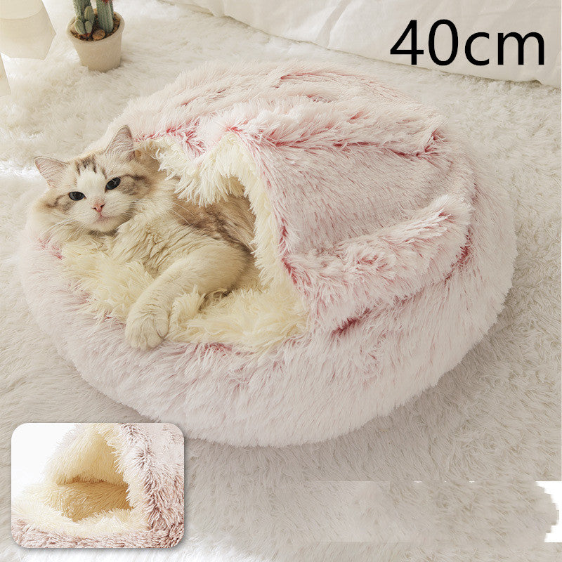 2 In 1 Dog And Cat Bed Pet Winter Bed Round Plush Warm Bed House Soft Long Plush Pets Bed pink 40cm