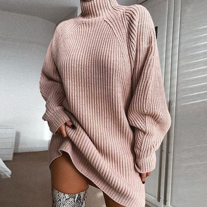 Solid Turtleneck Long Sweater Winter Warm Women Sweater Dress 3