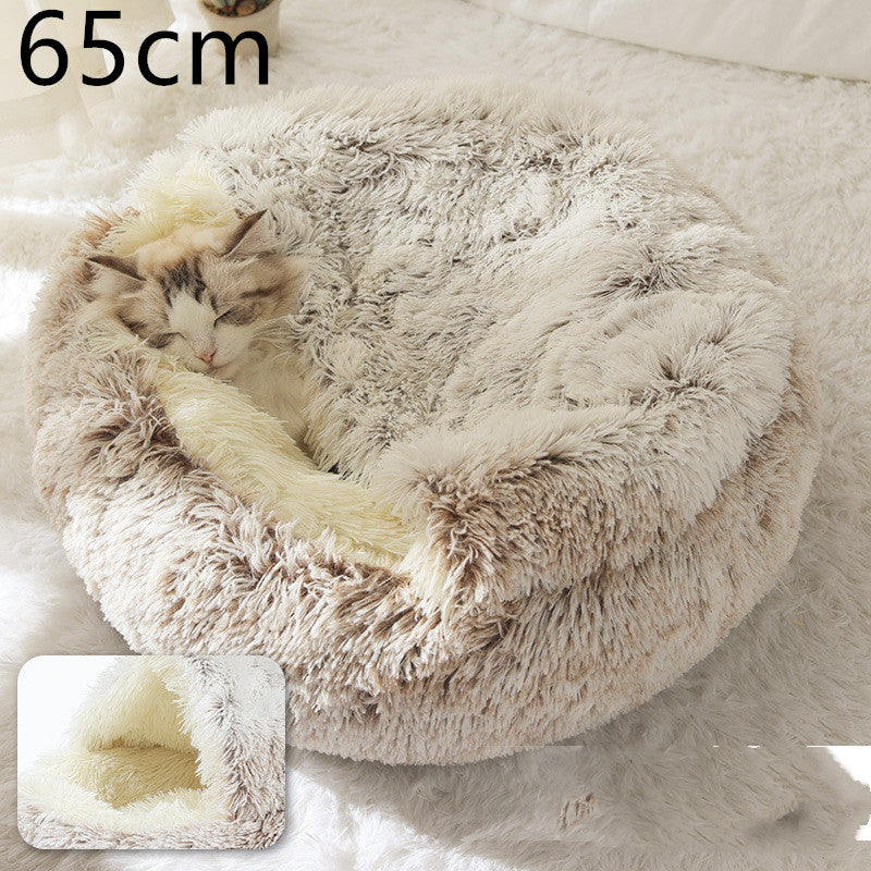 2 In 1 Dog And Cat Bed Pet Winter Bed Round Plush Warm Bed House Soft Long Plush Pets Bed 65cm