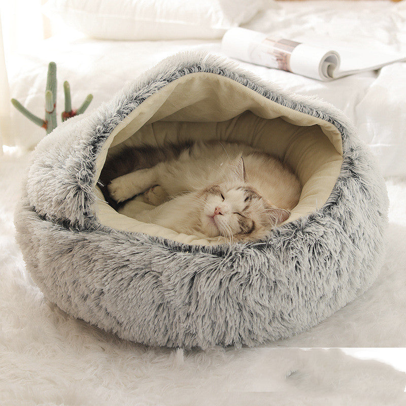 2 In 1 Dog And Cat Bed Pet Winter Bed Round Plush Warm Bed House Soft Long Plush Pets Bed grey