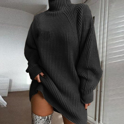 Solid Turtleneck Long Sweater Winter Warm Women Sweater Dress black