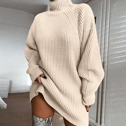 Solid Turtleneck Long Sweater Winter Warm Women Sweater Dress grey