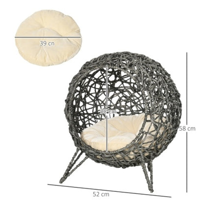 Paw Hut Rattan Elevated Cat Bed House Kitten Basket Ball Shaped Pet Removable Cushion - Silver-Tone And Grey