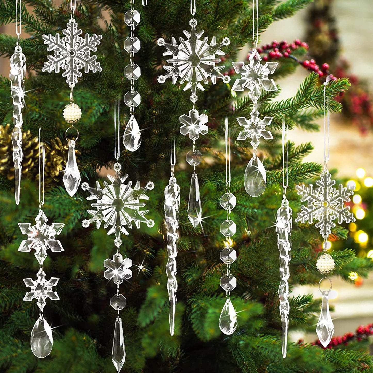 10pcs Christmas Tree Hanging Pendants Acrylic Ice Strip Snow Ceiling Xmas Ornaments