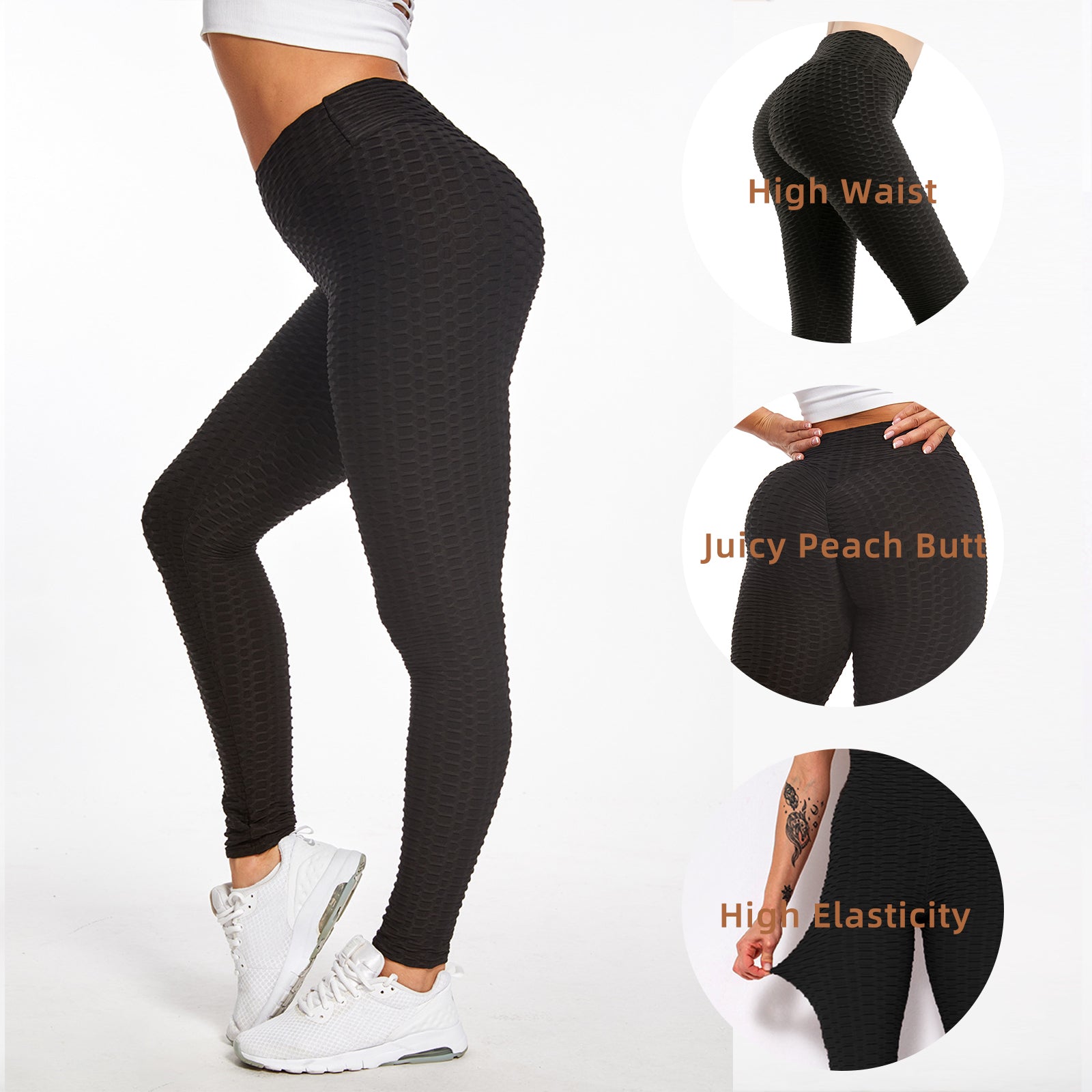 Women TIK Tok Leggings Bubble Textured Leggings Butt Lifting Yoga Pants Black back