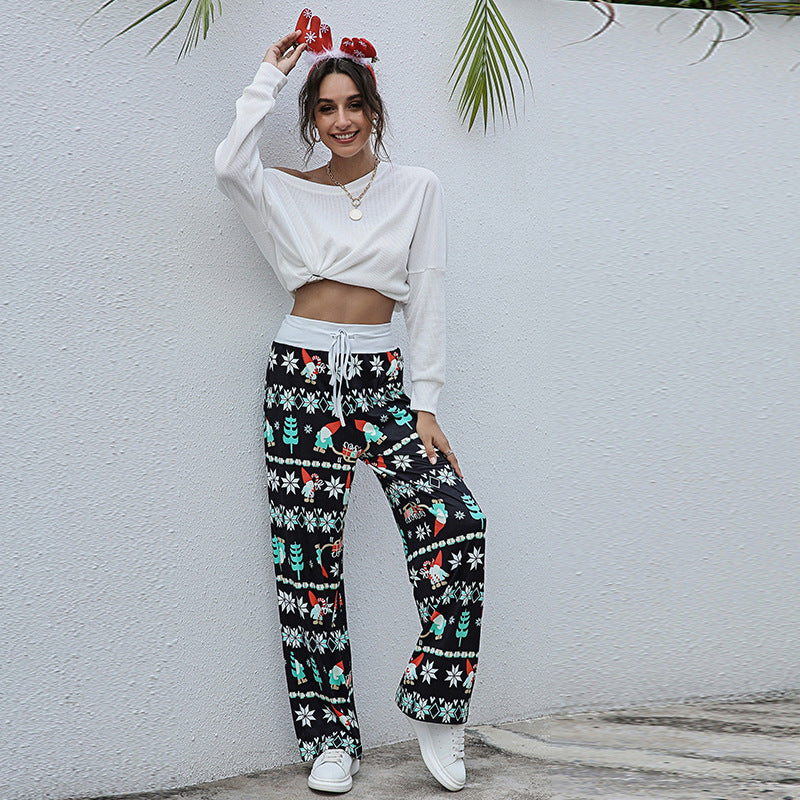 Christmas Print Pants Women Fashion Casual Drawstring Trousers With Christmas Snowflake Tree Elk Print6