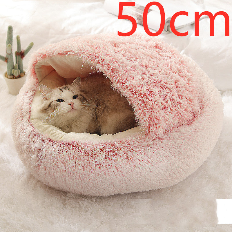 2 In 1 Dog And Cat Bed Pet Winter Bed Round Plush Warm Bed House Soft Long Plush Pets Bed pink 50cm