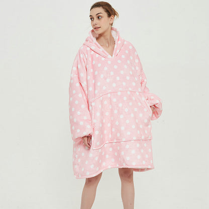 Oversized Blanket Hoodie Sweatshirt Print Fleece, Wearable Sherpa with Sleeves and Giant Pocket, Cosy Hoodie Warm for Adult pink dot