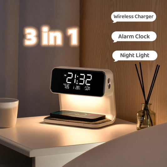 Creative 3 In 1 Bedside Lamp Wireless Charging LCD Screen Alarm Clock Wireless Phone Charger