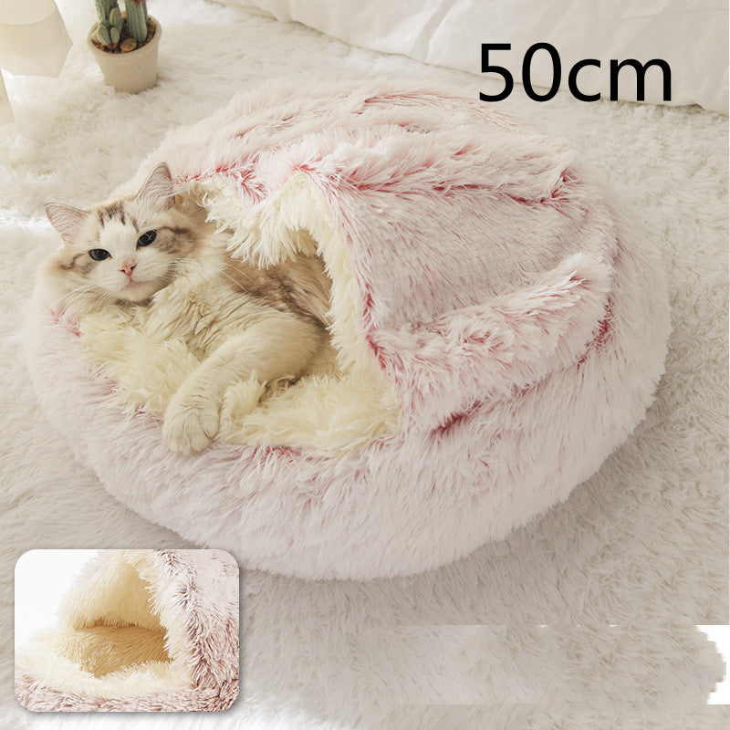 2 In 1 Dog And Cat Bed Pet Winter Bed Round Plush Warm Bed House Soft Long Plush Pets Bed pink 50cm