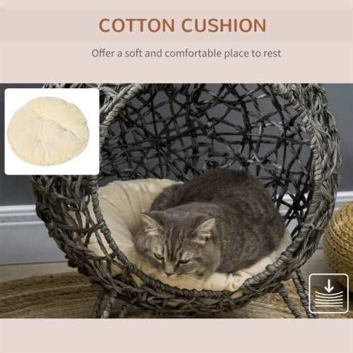 Paw Hut Rattan Elevated Cat Bed House Kitten Basket Ball Shaped Pet Removable Cushion - Silver-Tone And Grey