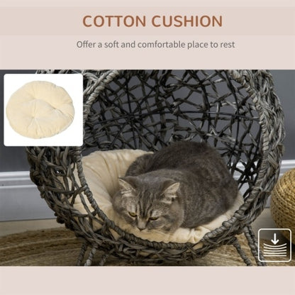 Paw Hut Rattan Elevated Cat Bed House Kitten Basket Ball Shaped Pet Removable Cushion - Silver-Tone And Grey