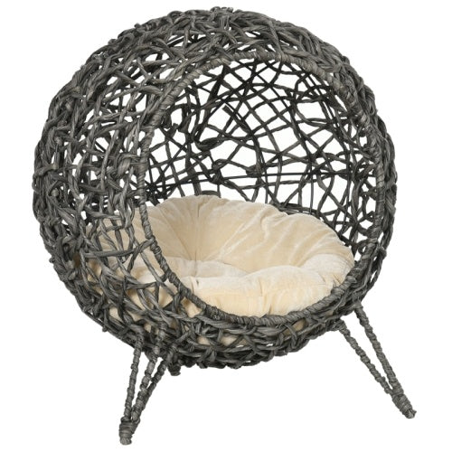 Paw Hut Rattan Elevated Cat Bed House Kitten Basket Ball Shaped Pet Removable Cushion - Silver-Tone And Grey
