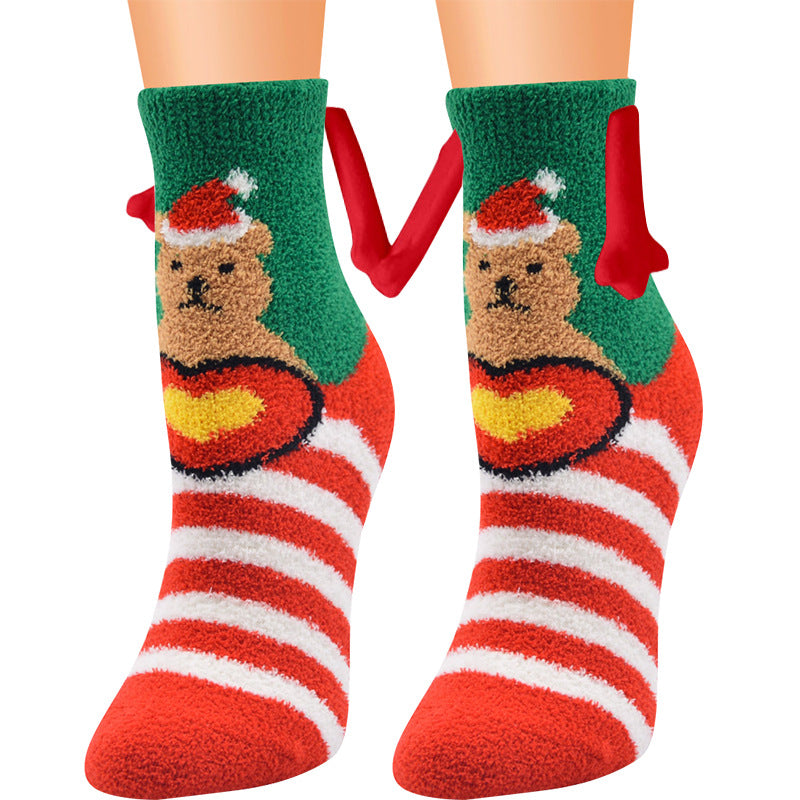 Christmas Supplies Magnetic Suction Hand In Hand Couple Socks Coral Fleece Tube Socks Warm Slipper Bed Socks Winter Soft Warm Slipper14