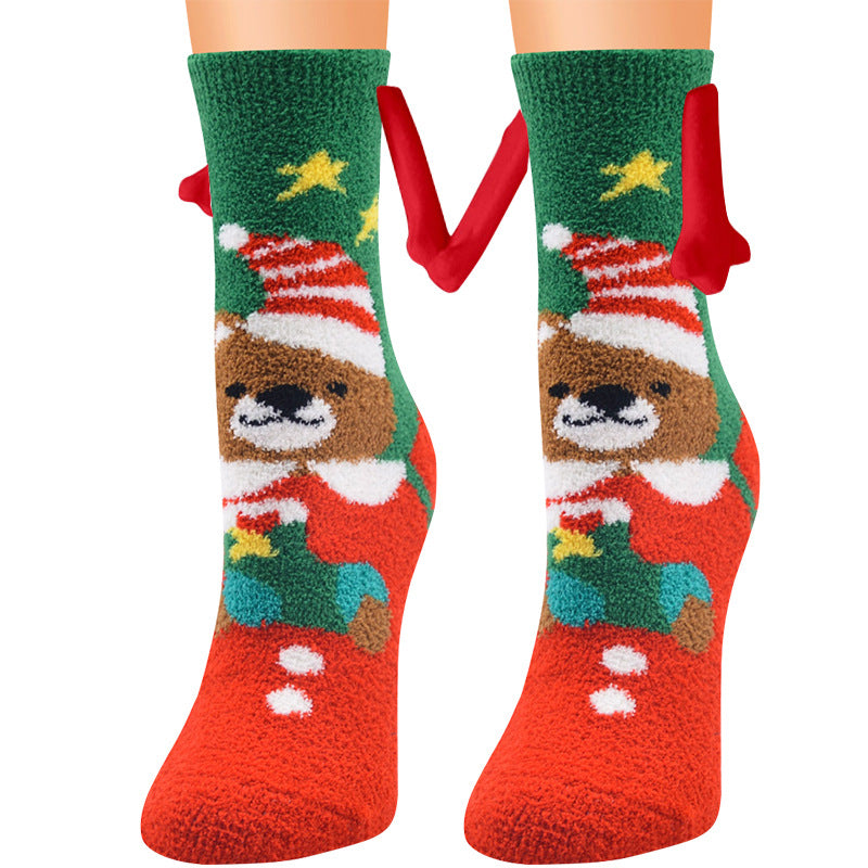 Christmas Supplies Magnetic Suction Hand In Hand Couple Socks Coral Fleece Tube Socks Warm Slipper Bed Socks Winter Soft Warm Slipper18
