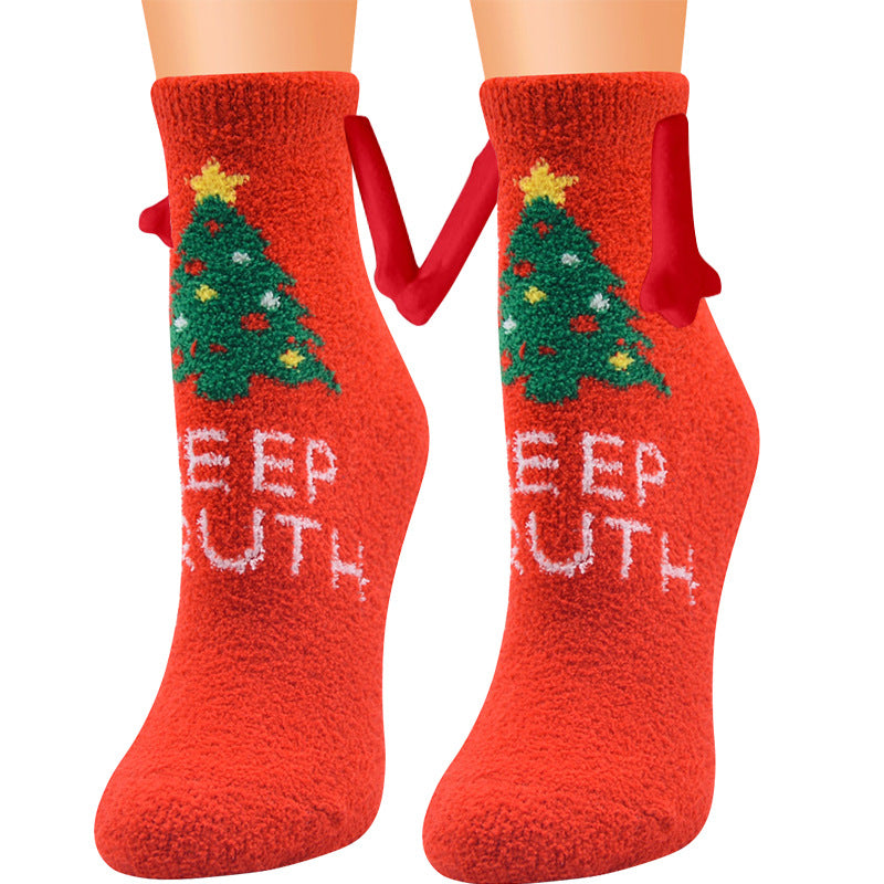 Christmas Supplies Magnetic Suction Hand In Hand Couple Socks Coral Fleece Tube Socks Warm Slipper Bed Socks Winter Soft Warm Slipper11