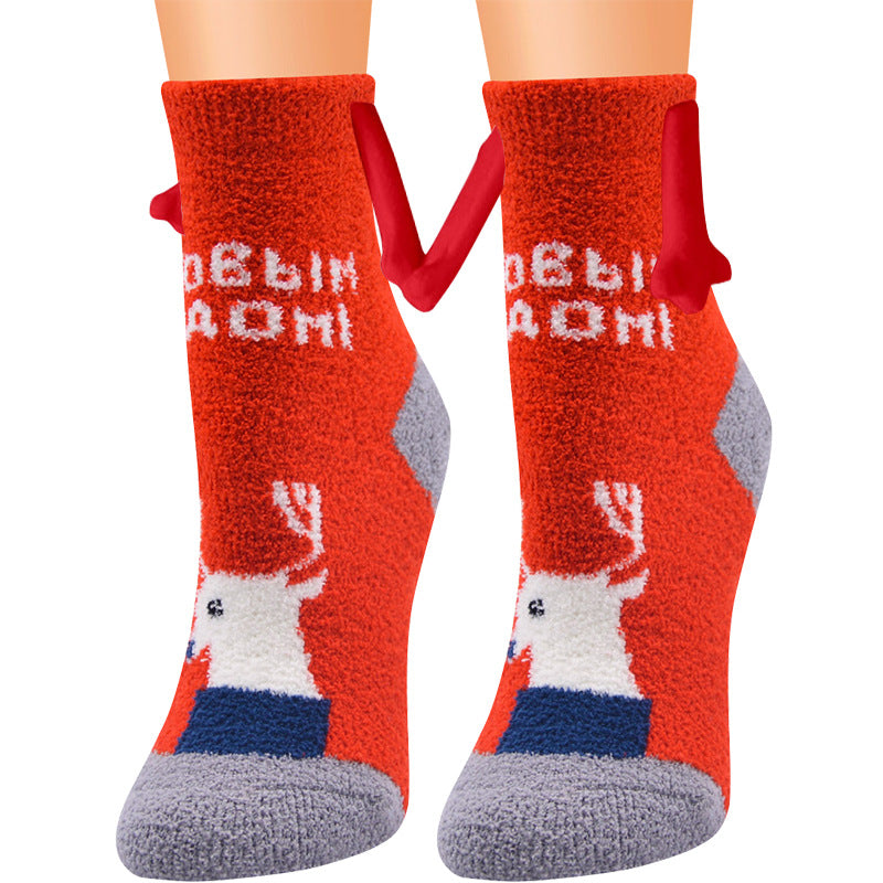 Christmas Supplies Magnetic Suction Hand In Hand Couple Socks Coral Fleece Tube Socks Warm Slipper Bed Socks Winter Soft Warm Slipper12