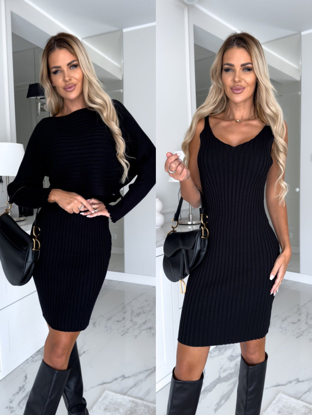 2pcs Suit Women's Solid Stripe Long-sleeved Top And Tight Suspender Skirt Fashion Autumn Winter Slim Clothing black2