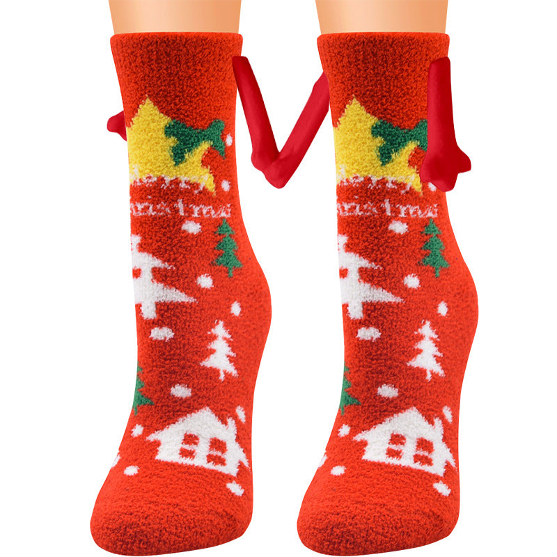 Christmas Supplies Magnetic Suction Hand In Hand Couple Socks Coral Fleece Tube Socks Warm Slipper Bed Socks Winter Soft Warm Slipper17