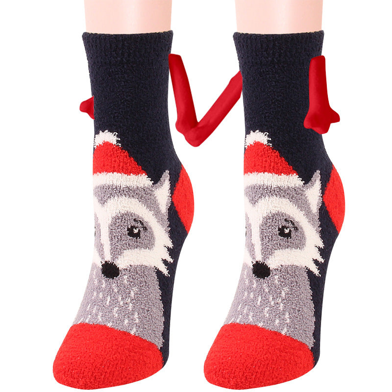 Christmas Supplies Magnetic Suction Hand In Hand Couple Socks Coral Fleece Tube Socks Warm Slipper Bed Socks Winter Soft Warm Slipper2