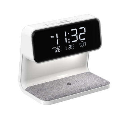 Creative 3 In 1 Bedside Lamp Wireless Charging LCD Screen Alarm Clock Wireless Phone Charger white