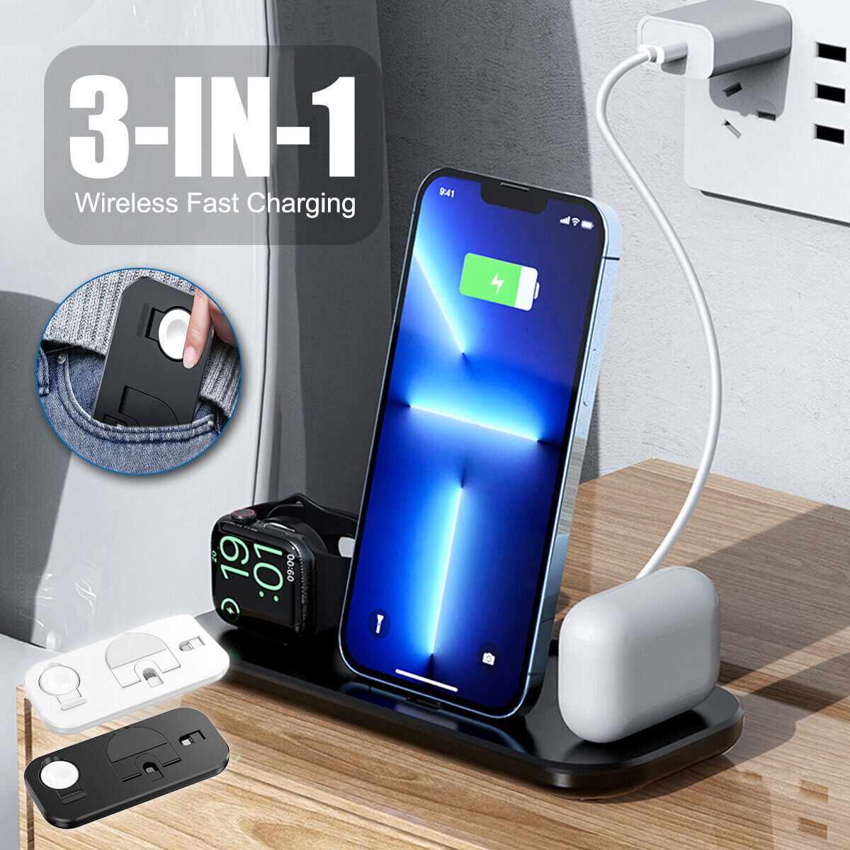 3In1 Wireless Charger Dock Charging Stand For Watch Mobile Phone