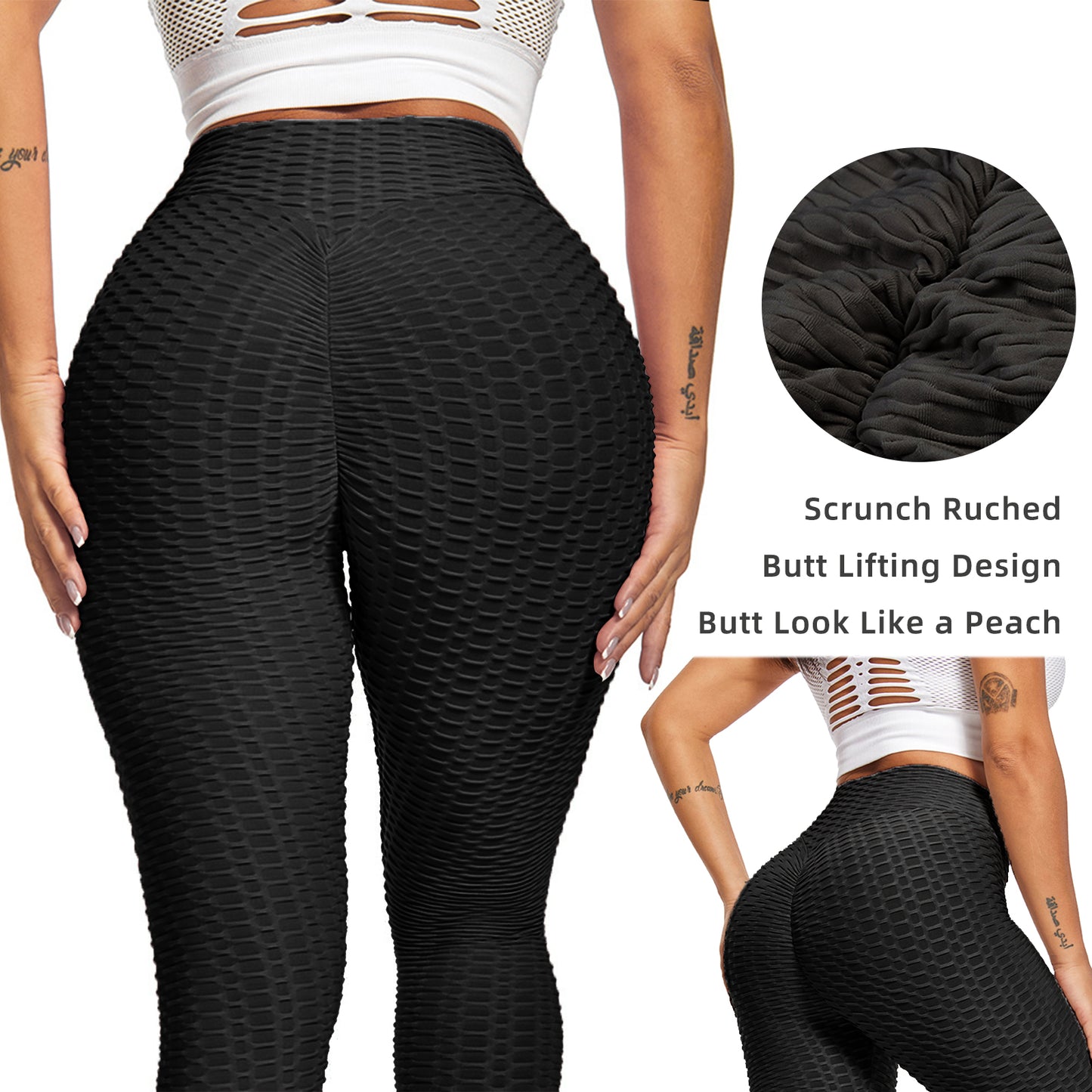 Women TIK Tok Leggings Bubble Textured Leggings Butt Lifting Yoga Pants Black3