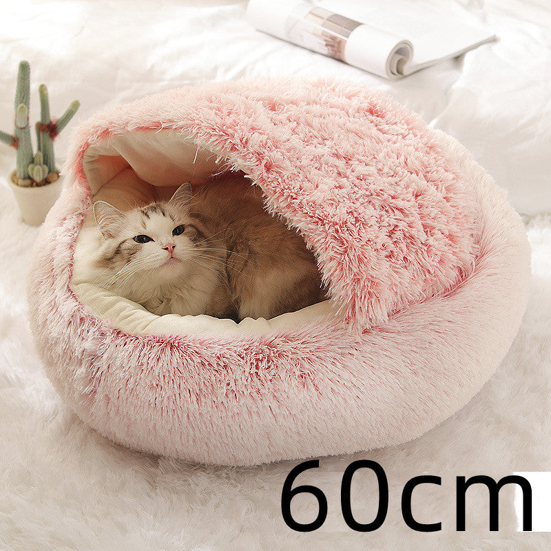 2 In 1 Dog And Cat Bed Pet Winter Bed Round Plush Warm Bed House Soft Long Plush Pets Bed pink 60cm