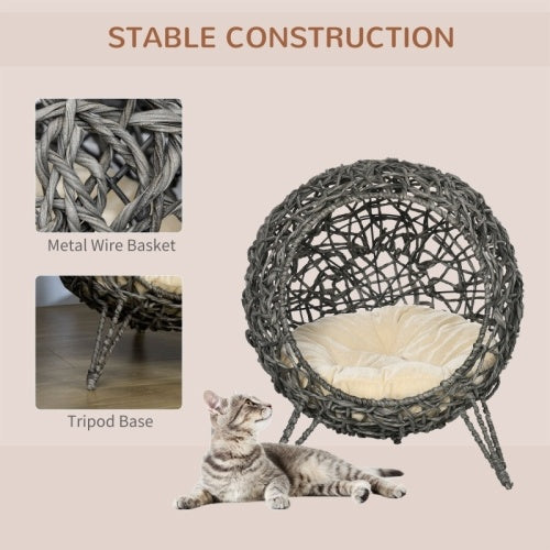 Paw Hut Rattan Elevated Cat Bed House Kitten Basket Ball Shaped Pet Removable Cushion - Silver-Tone And Grey