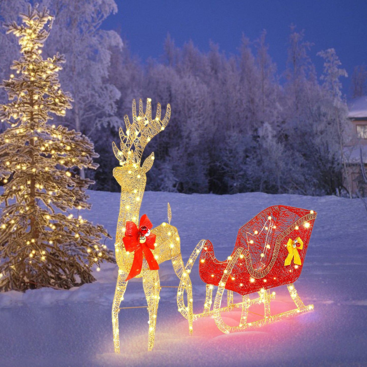 74*20*120cm 30.00V 3.60W Golden Elk Deer Sled Iron Frame Cotton Thread Green Onion Powder Courtyard Elk Decoration