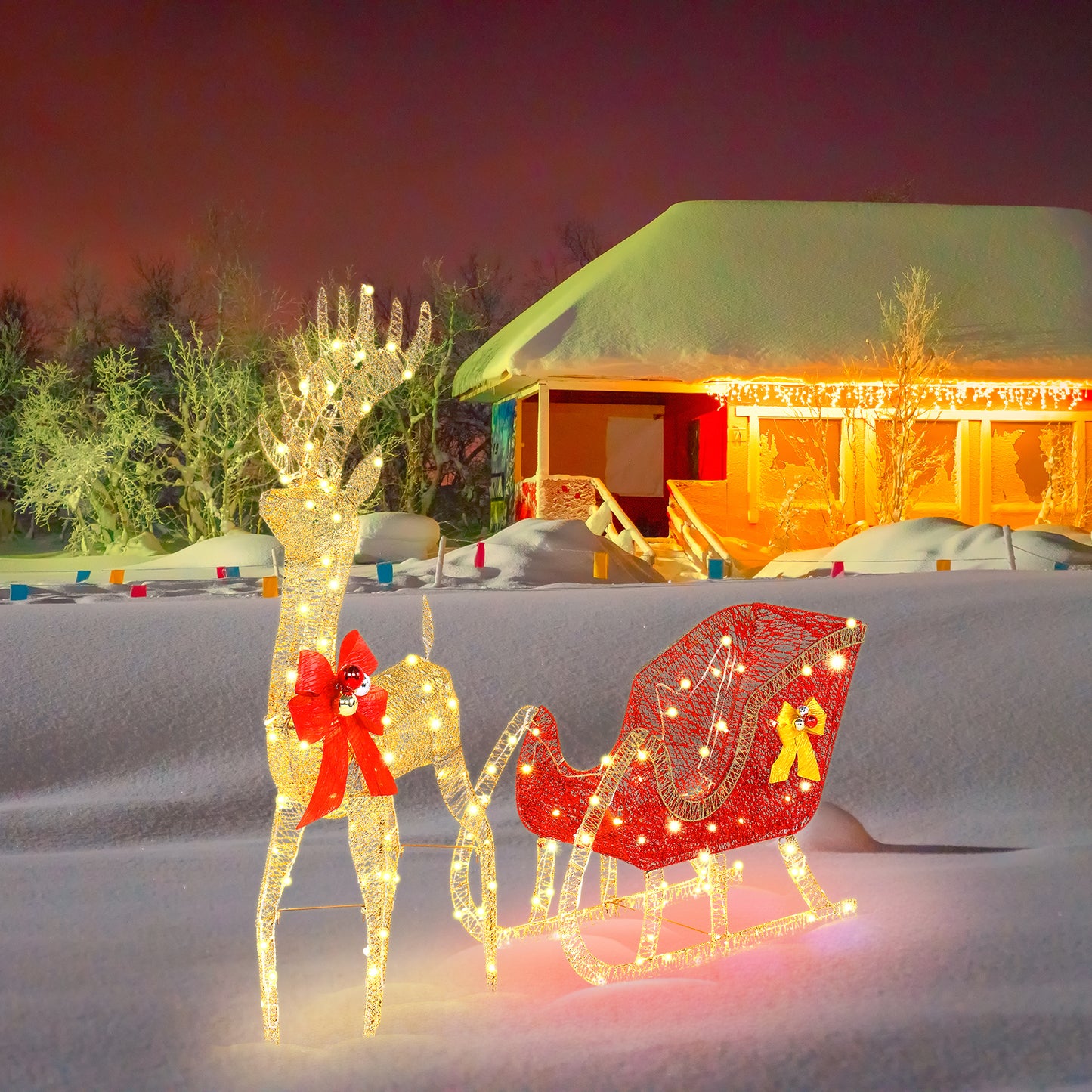 74*20*120cm 30.00V 3.60W Golden Elk Deer Sled Iron Frame Cotton Thread Green Onion Powder Courtyard Elk Decoration